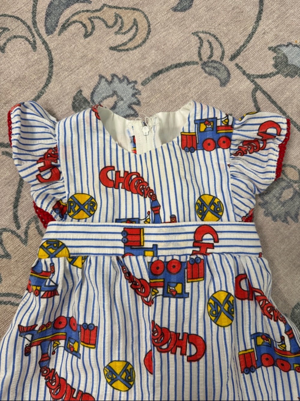 Kids Striped Cotton Romper Red Train Print Handmade Vintage - Picture 4 of 7